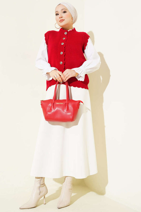 Ruffled Detail Buttoned Knit Vest Red