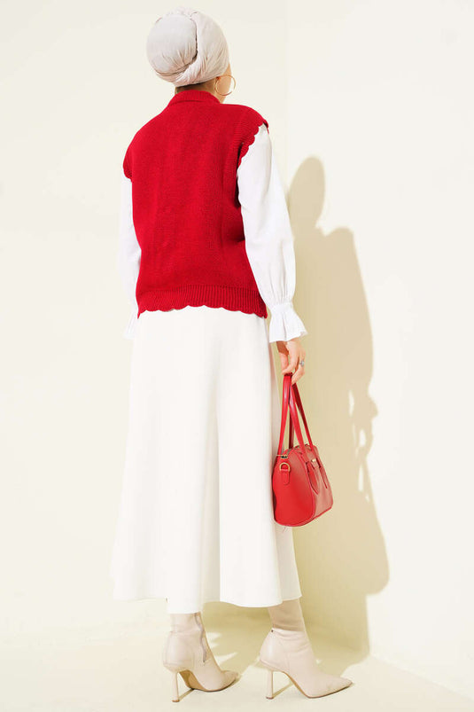 Ruffled Detail Buttoned Knit Vest Red