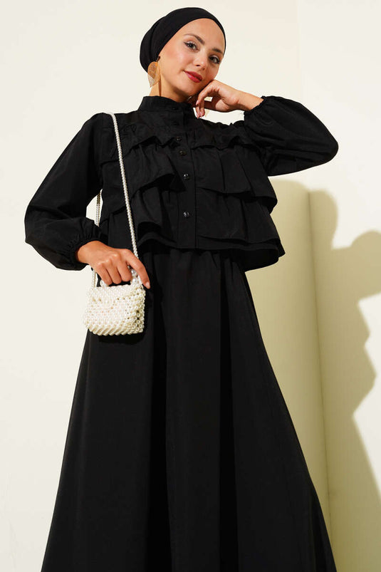 Fırfır Detaylı Etekli İkili Takım Siyah