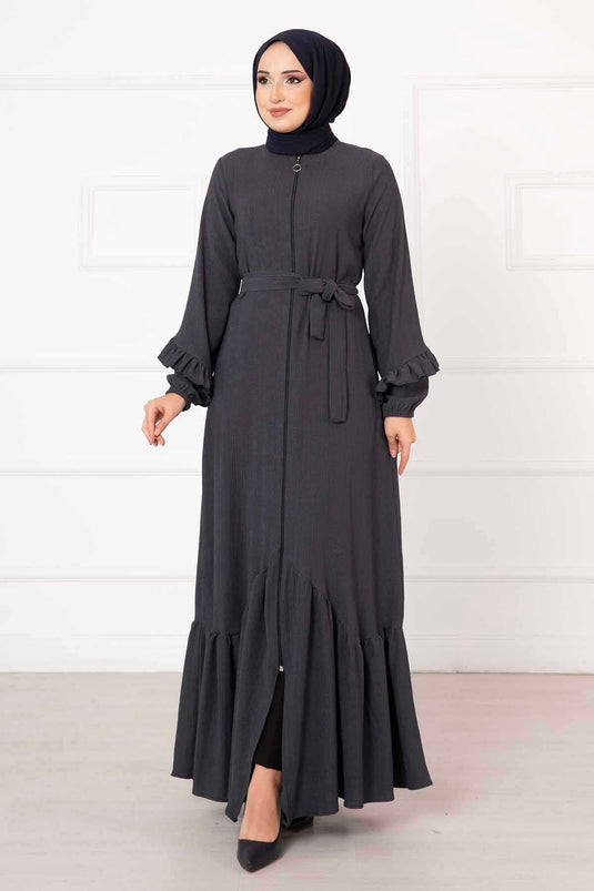 Fırfır Detaylı Ferace Füme