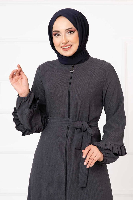 Fırfır Detaylı Ferace Füme