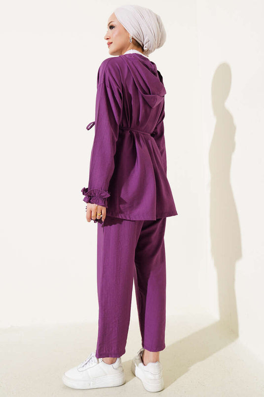 Frill Detailed Zippered Hooded Two Piece Set Magenta