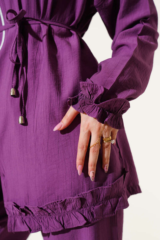 Frill Detailed Zippered Hooded Two Piece Set Magenta