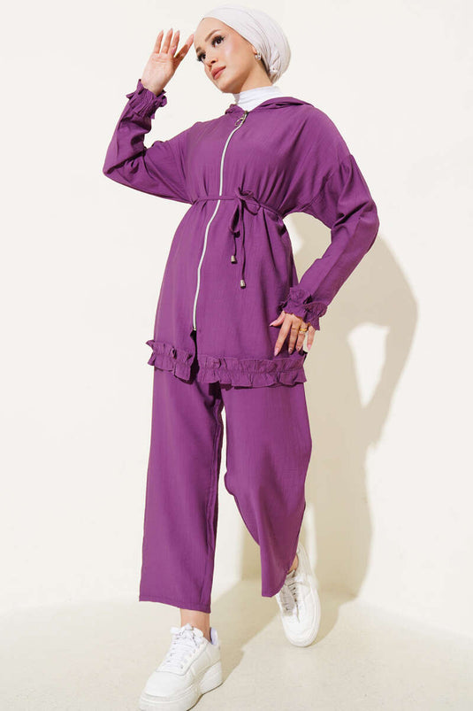Frill Detailed Zippered Hooded Two Piece Set Magenta