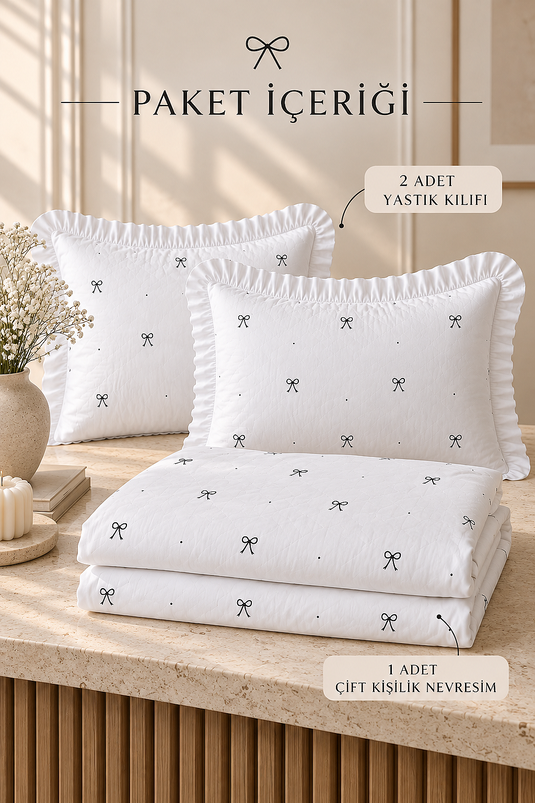 Weiße Doppelbett-Bettwäsche Mit Rüschen Und Schleife