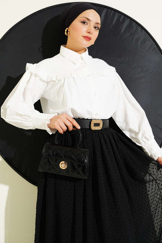 Fırfır Detaylı Kısa Gömlek Ekru