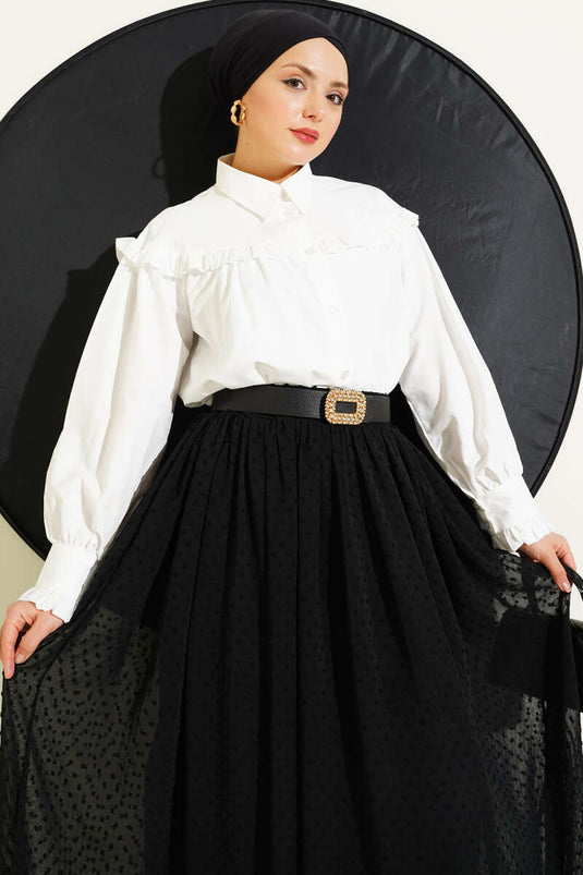 Fırfır Detaylı Kısa Gömlek Ekru