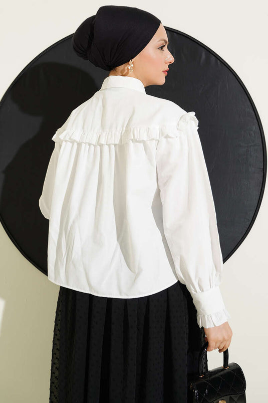 Fırfır Detaylı Kısa Gömlek Ekru