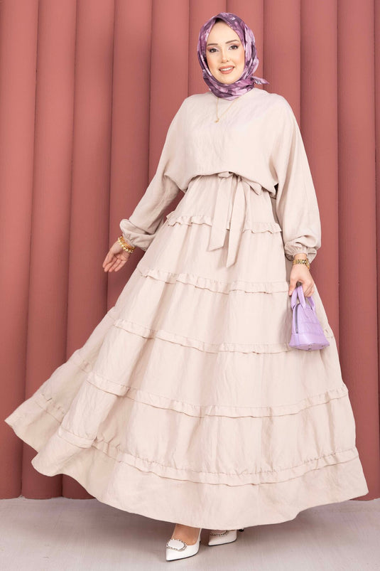 Tesettürkleid mit Rüschendetails und abnehmbarem Gürtel, Beige