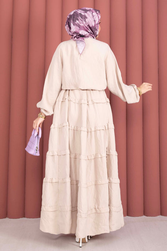 Tesettürkleid mit Rüschendetails und abnehmbarem Gürtel, Beige