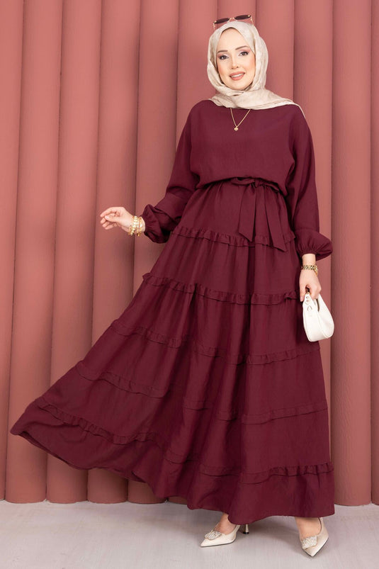 Robe Tesettür à Ceinture Amovible avec Détail Volant Bordeaux