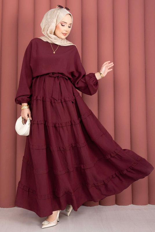 Robe Tesettür à Ceinture Amovible avec Détail Volant Bordeaux