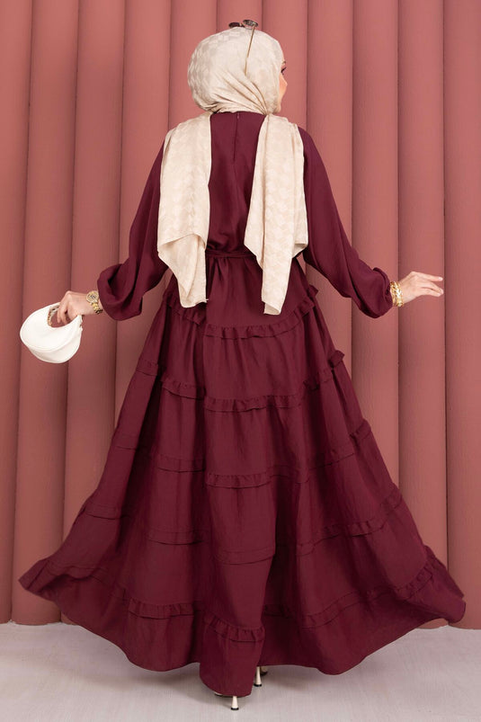 Robe Tesettür à Ceinture Amovible avec Détail Volant Bordeaux