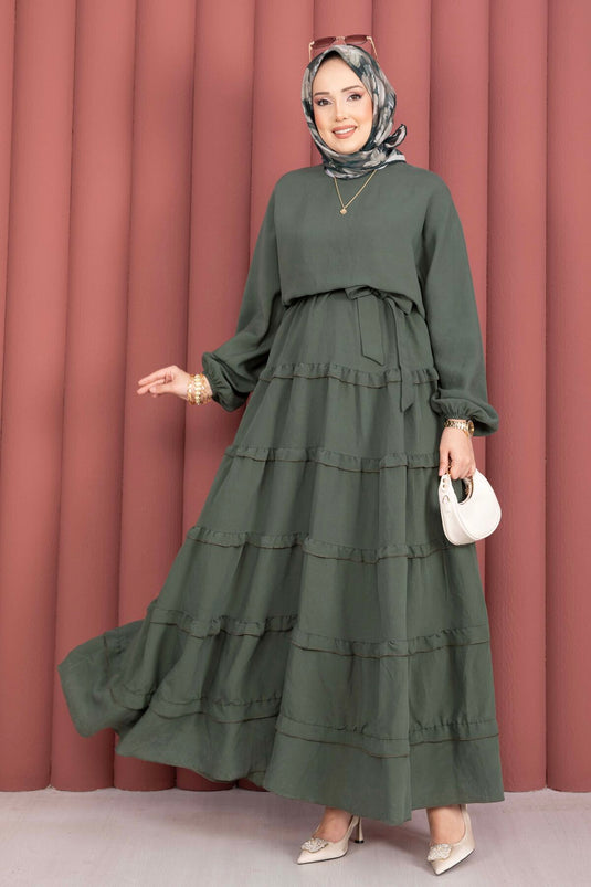 Robe Modeste À Ceinture Amovible Avec Détail Volant Kaki