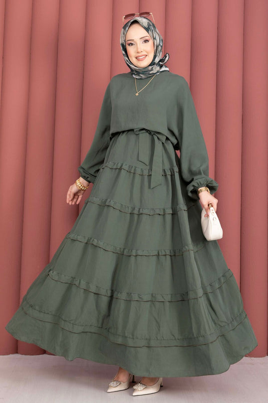 Robe Modeste À Ceinture Amovible Avec Détail Volant Kaki
