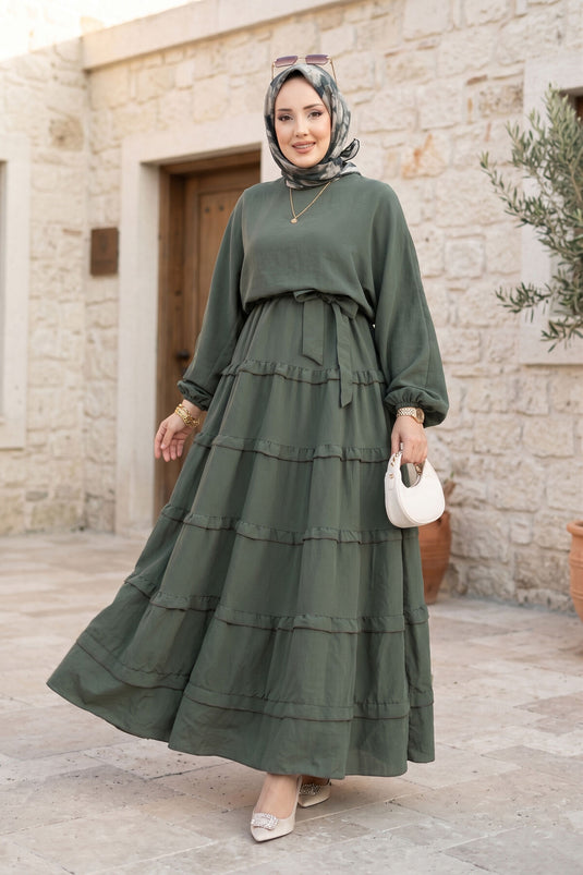 Robe Modeste À Ceinture Amovible Avec Détail Volant Kaki