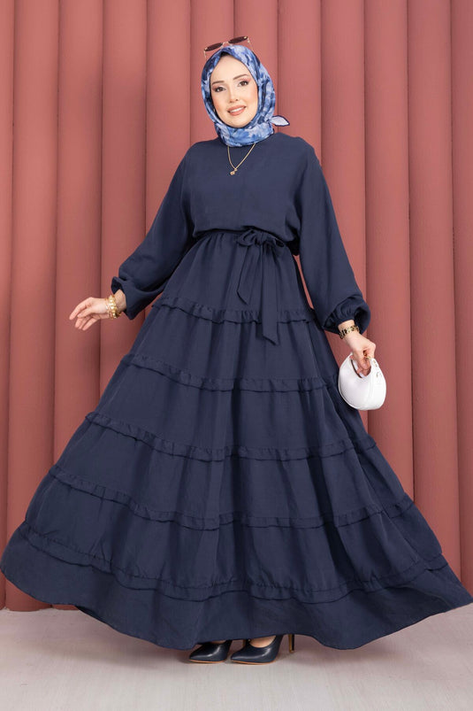 Ruffled Detail Detachable Belt Modest Dress Navy Blue