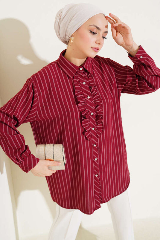 Chemise rayée bordeaux à boutons et volants