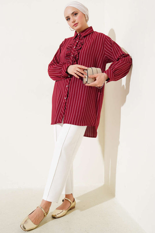 Chemise rayée bordeaux à boutons et volants