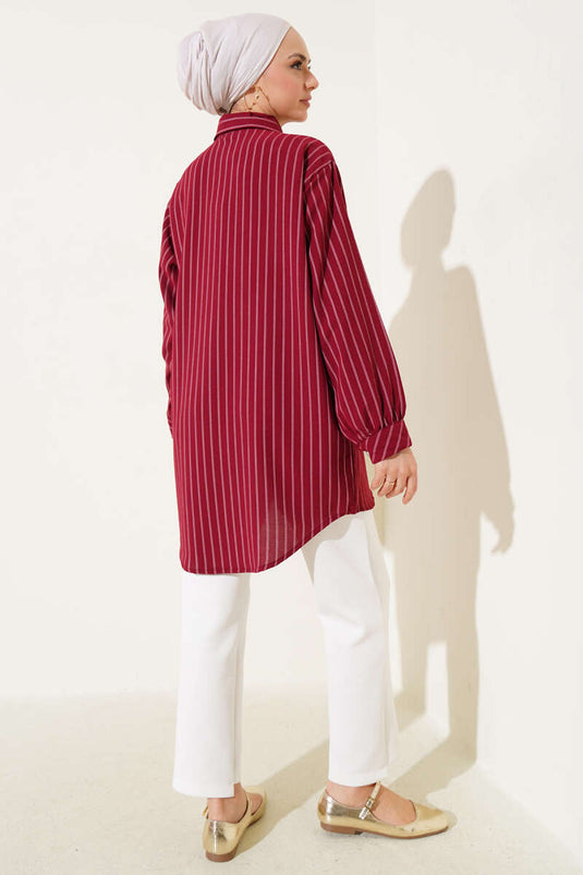 Chemise rayée bordeaux à boutons et volants