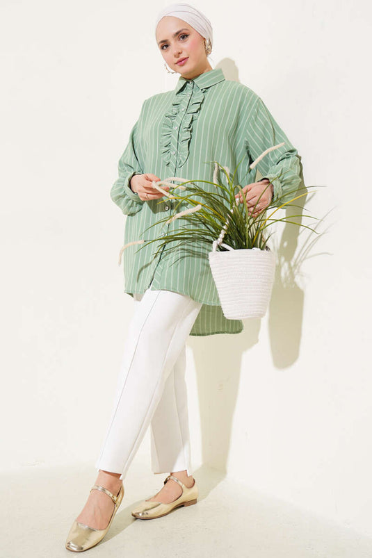 Chemise rayée à boutons et volants, couleur vert amande