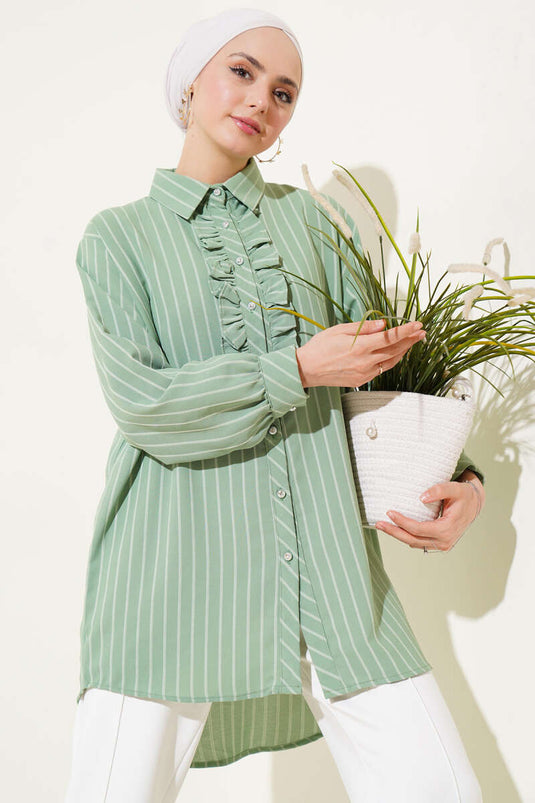 Ruffle Detailed Stone Buttoned Striped Shirt Almond Green