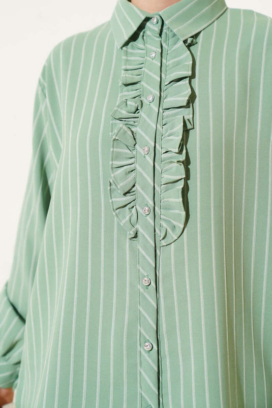 Ruffle Detailed Stone Buttoned Striped Shirt Almond Green