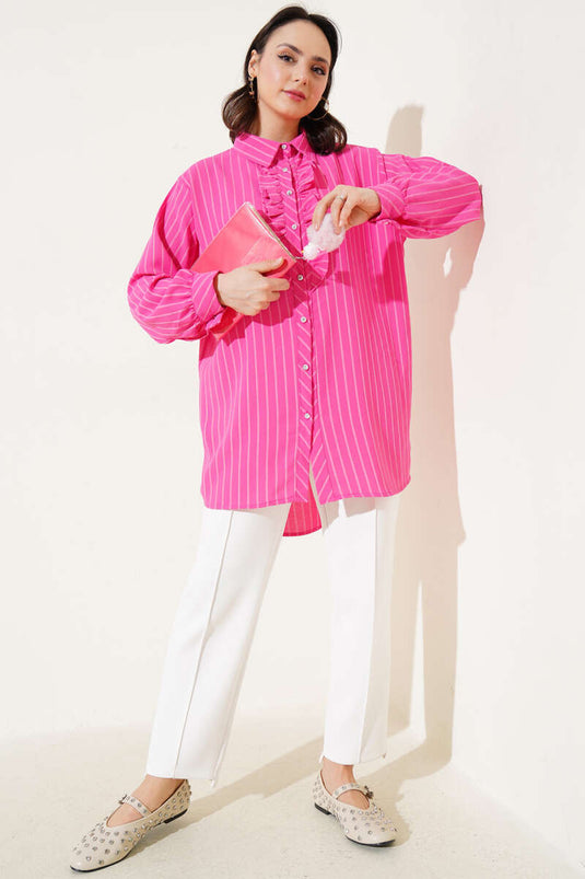 Chemise rayée fuchsia à volants et boutons en pierre