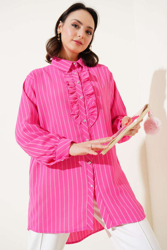 Chemise rayée fuchsia à volants et boutons en pierre