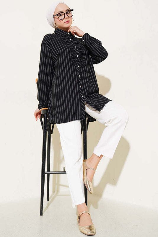 Chemise rayée noire à boutons et volants en pierre