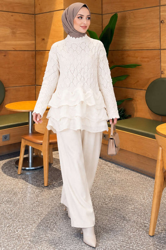 Ruffled Knit Two-Piece Set Ecru