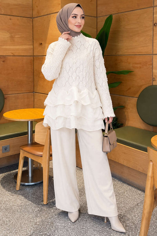 Ruffled Knit Two-Piece Set Ecru