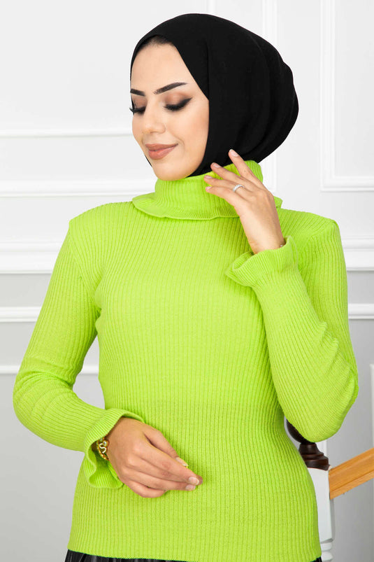 Fluorescent Green Knitted Sweater with Ruffle Detail