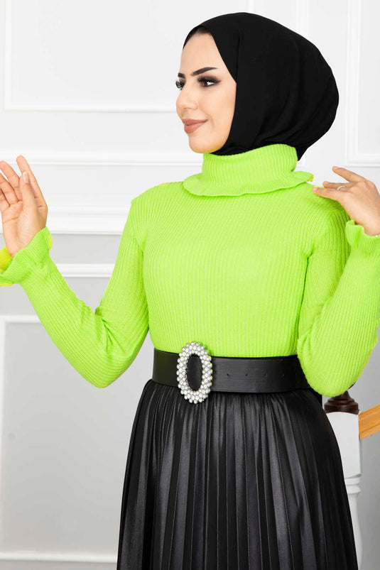 Fluorescent Green Knitted Sweater with Ruffle Detail