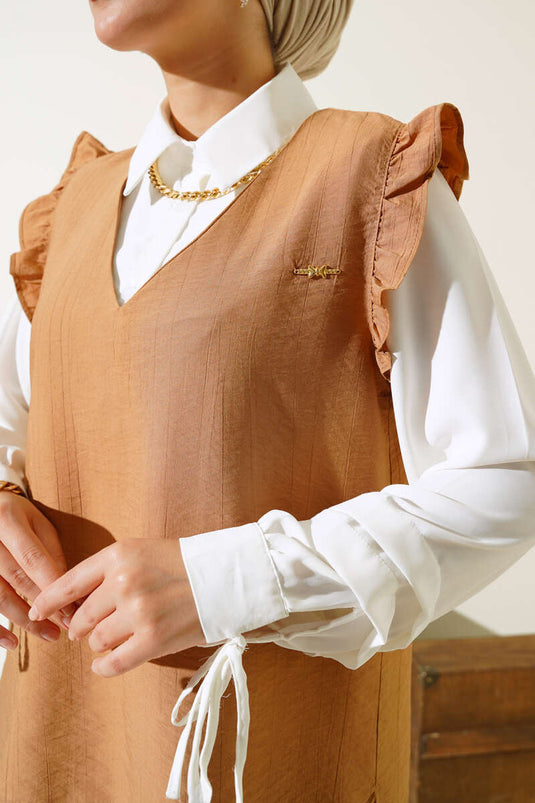 Frill Detailed Three-Piece Set Camel