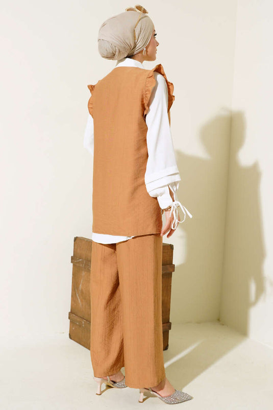 Frill Detailed Three-Piece Set Camel