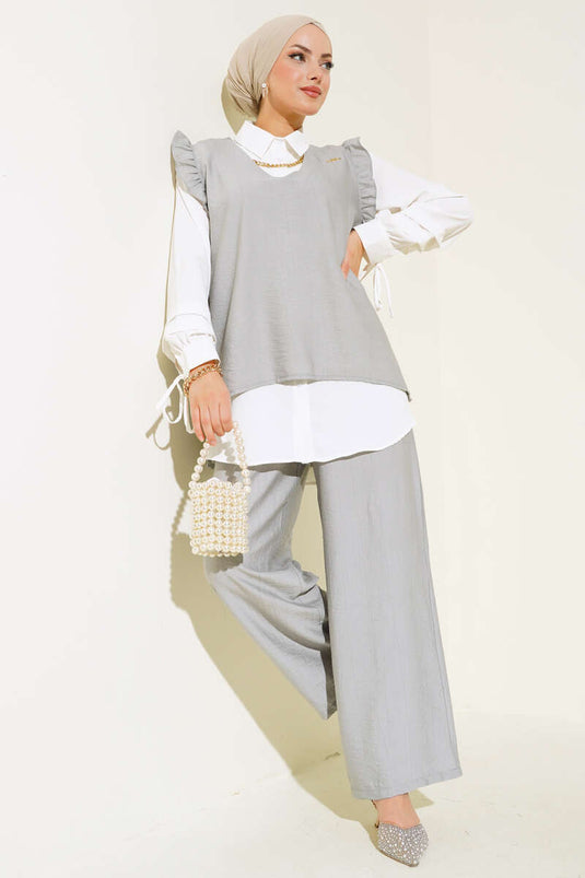 Costume Trois Pièces Détail Volants Gris