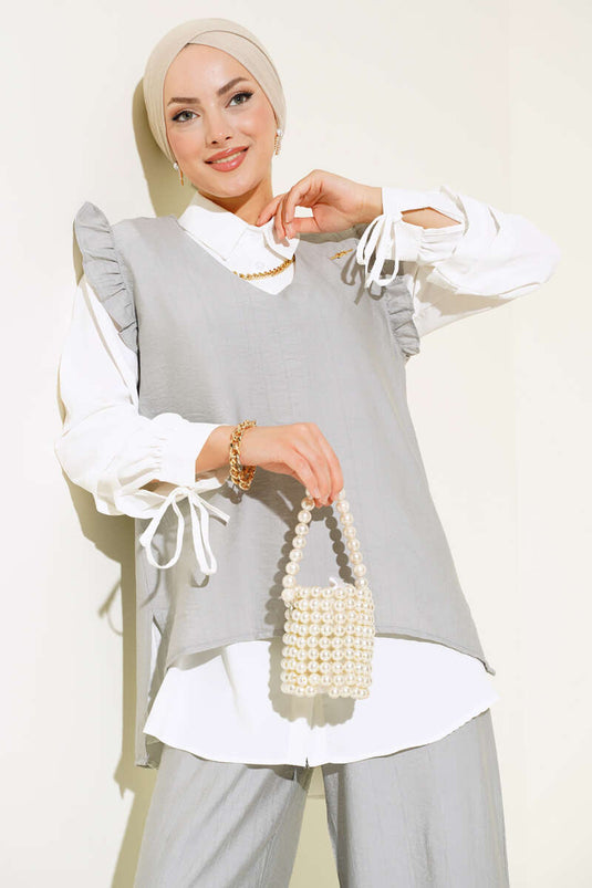 Costume Trois Pièces Détail Volants Gris