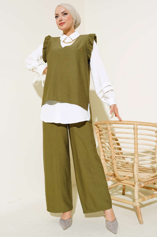 Costume Triple Détail Volant Kaki