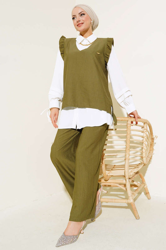 Costume Triple Détail Volant Kaki