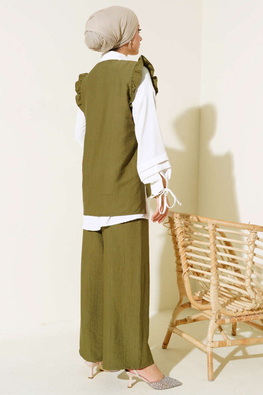 Costume Triple Détail Volant Kaki