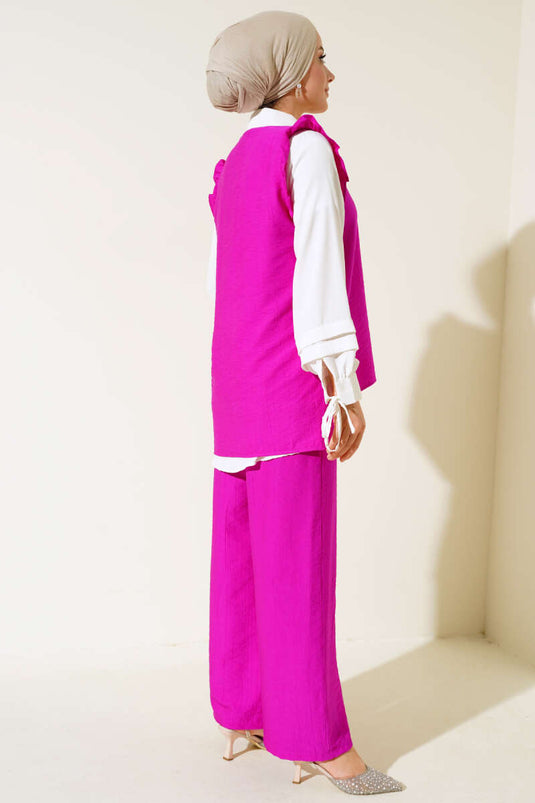 Abito tre pezzi con volant viola