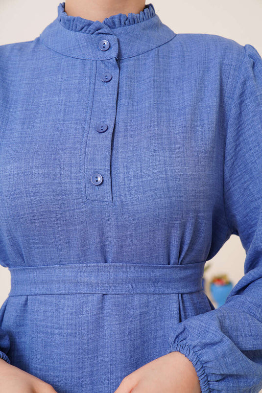 Fırfır Detaylı Yaka Düğmeli Elbise İndigo