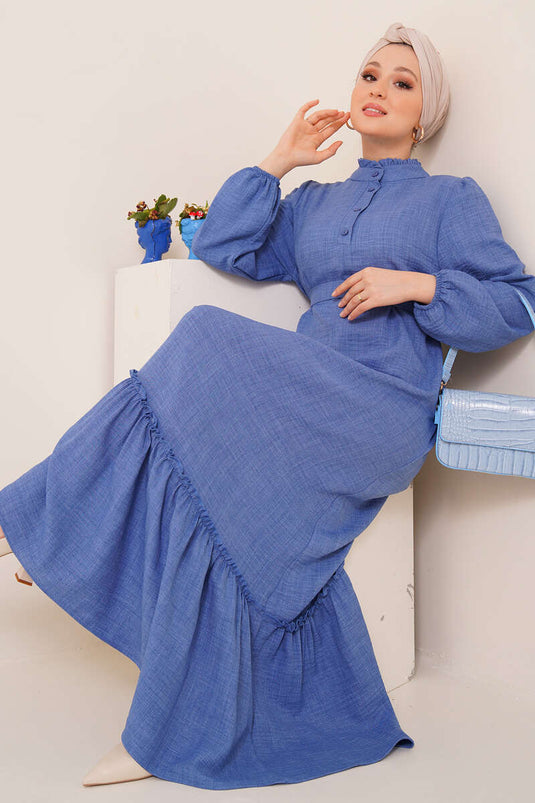 Fırfır Detaylı Yaka Düğmeli Elbise İndigo