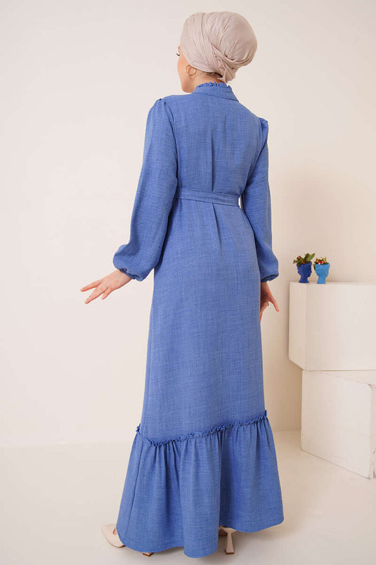 Fırfır Detaylı Yaka Düğmeli Elbise İndigo