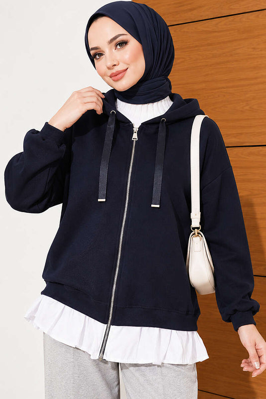 Rüschen Strickkapuzenjacke In Marineblau