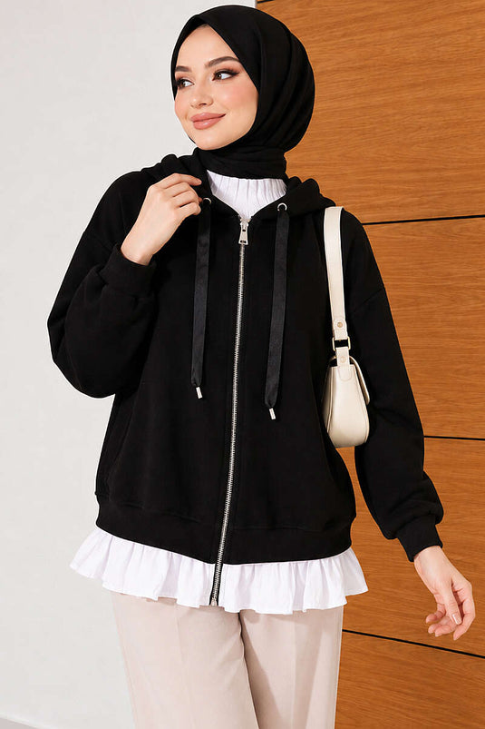 Schwarzer Kapuzen-Cardigan Mit Rüschen