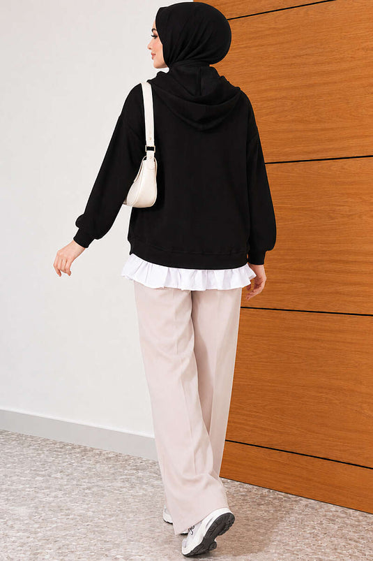 Schwarzer Kapuzen-Cardigan Mit Rüschen