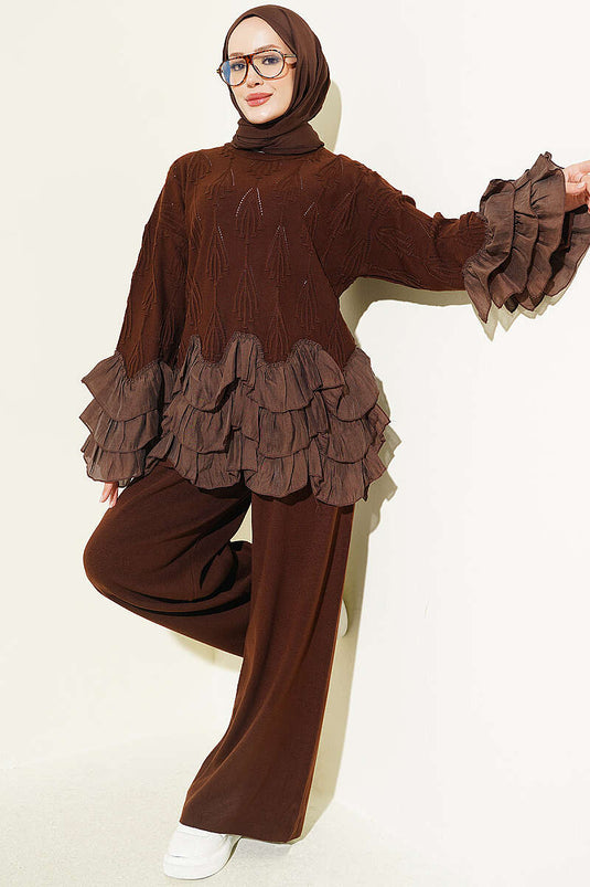 Ruffled Knit Two-Piece Set In Coffee