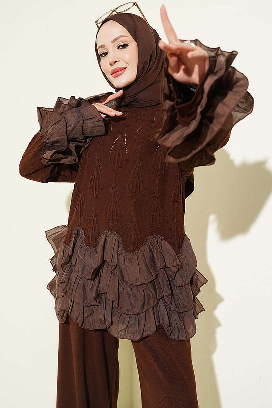 Ruffled Knit Two-Piece Set In Coffee